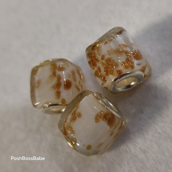 Set of 3 White Gold Murano Glass Square European Beads 925 Sterling Silver Core - Picture 4 of 7